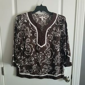 16 JM Collection Brown/white linen blouse, GUC